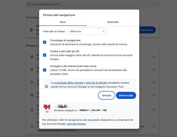 Cancellare cache e cookies Chrome desktop