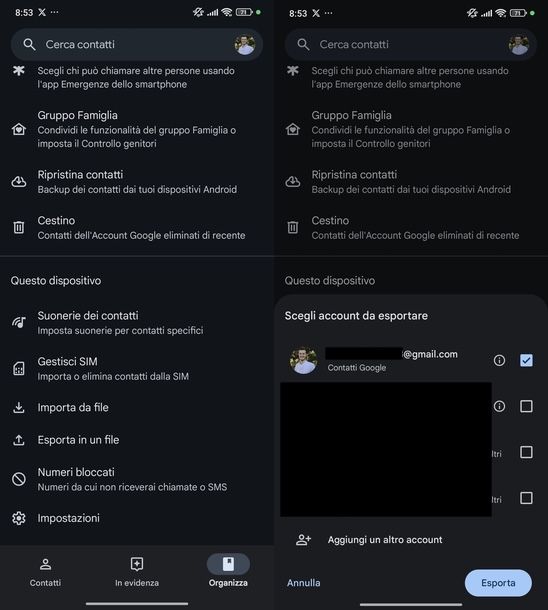 Esportazione rubrica Contatti Google Android