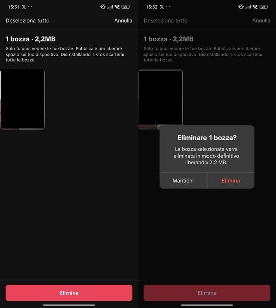 Eliminare video bozze TikTok Android