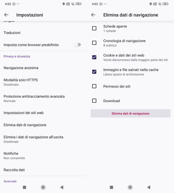 cancellare cache e cookies Firefox app