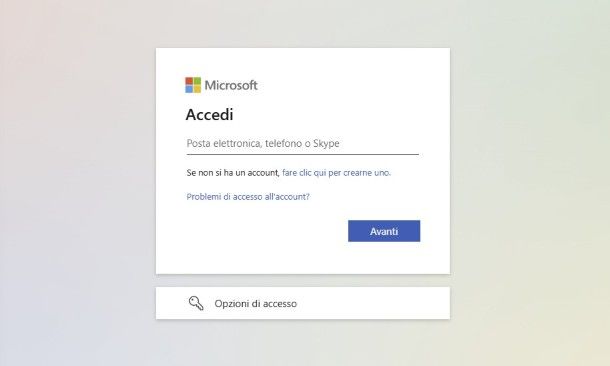 Schermata Login Microsoft