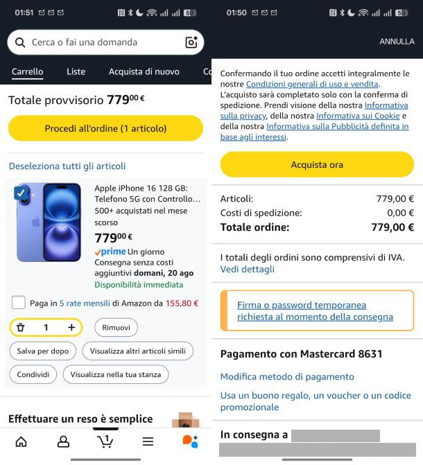 Ordine su app Amazon