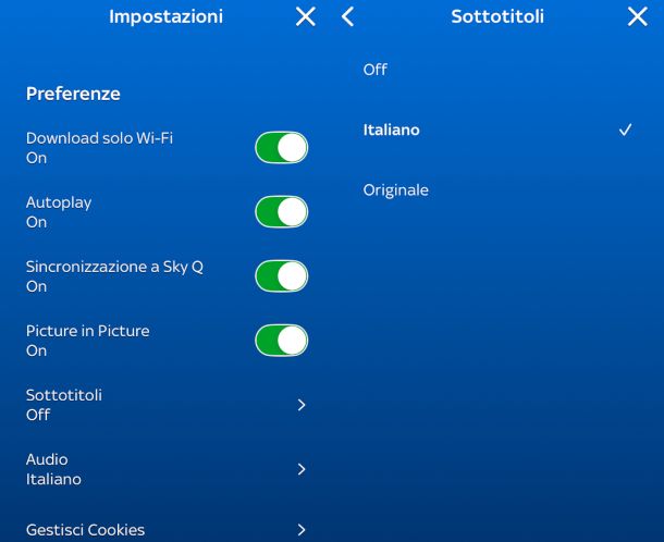 impostazioni sottotitoli app Sky Go