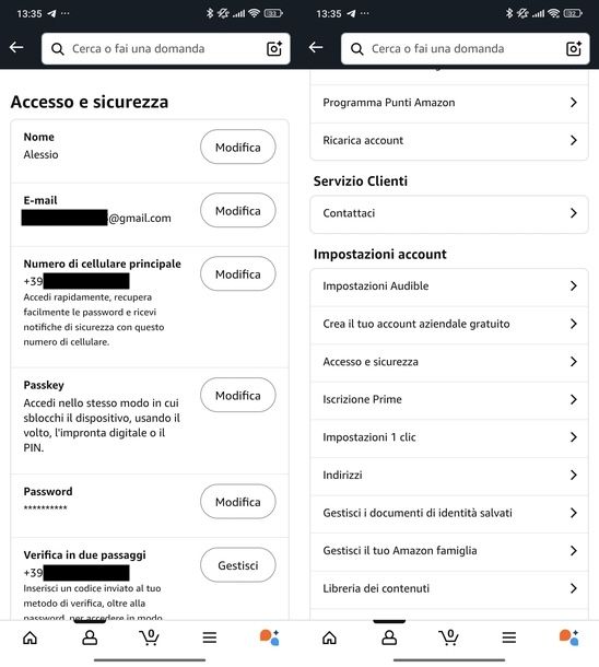 Cambiare numero di telefono Amazon Android