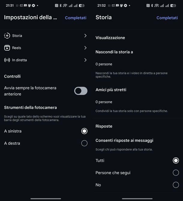 Impostazioni Storie Instagram