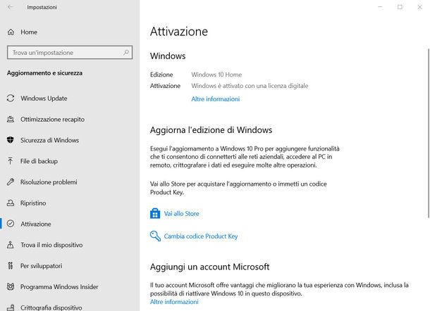 Finestra per attivare Windows 10