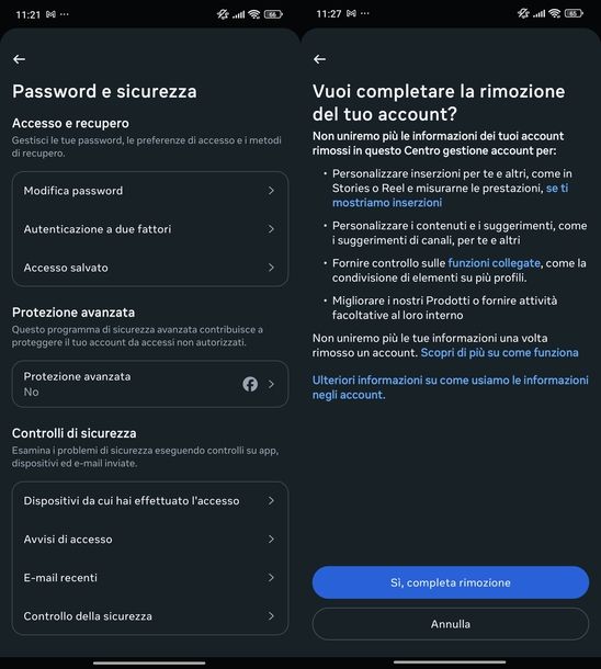 Eliminare dati accesso Instagram Centro gestione account