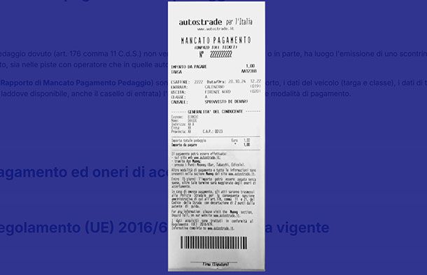 Rapporto di Mancato Pagamento Pedaggio