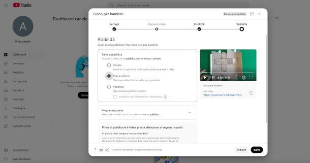 modalità di pubblicazione Non in elenco su YouTube Studio