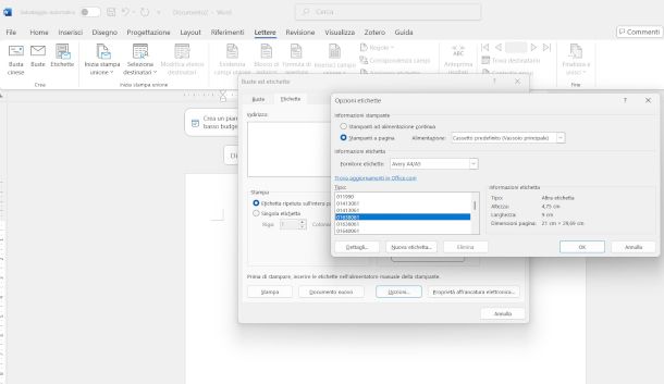 selezione modello fornitori su menu Etichette di word