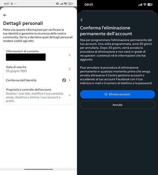 Cancellare account Facebook definitivamente Android