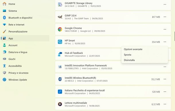 disinstallare app stampante