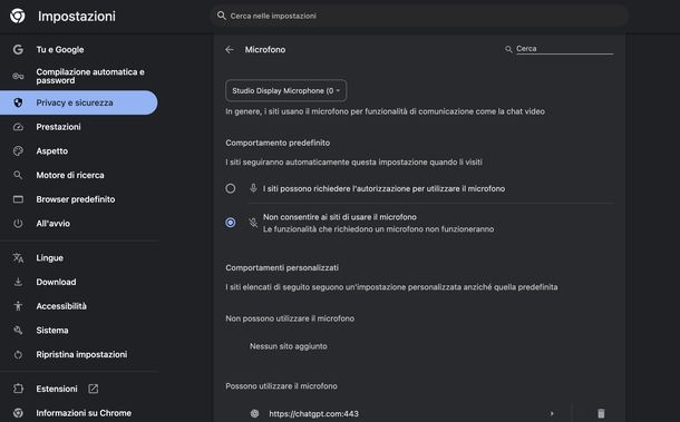 Disattivare microfono Google Chrome Windows