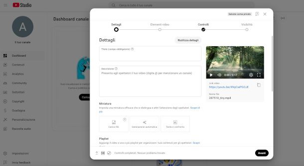 Sezione Dettagli della finestra di caricamento video su YouTube Studio