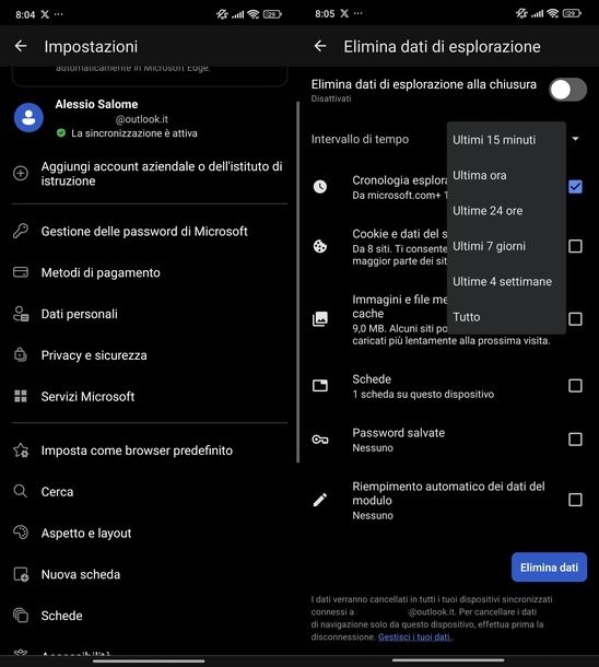 Eliminare dati navigazione Microsoft Edge Android
