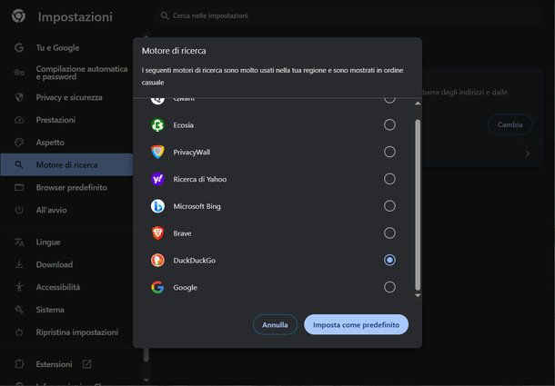 Come impostare DuckDuckGo in Chrome su PC
