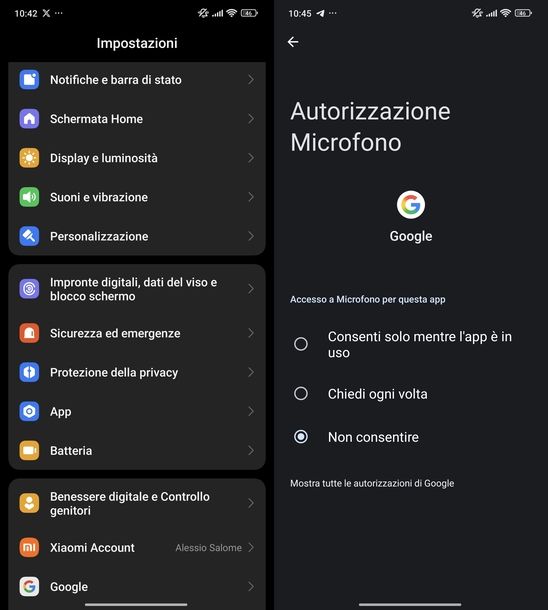 Disattivare microfono app Google Android