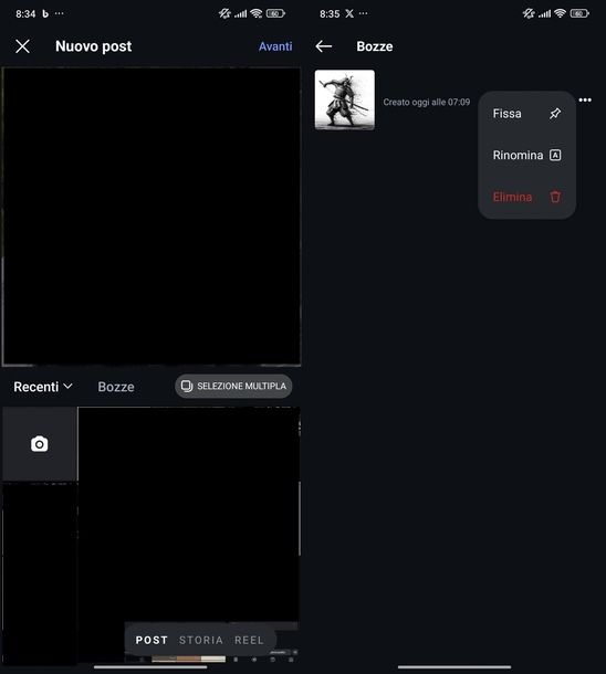 Eliminare bozze post Instagram Android