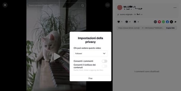 disattivare commenti TikTok video già pubblicato PC