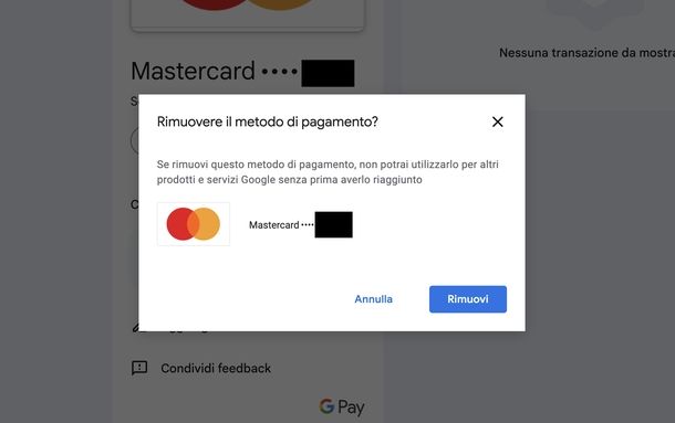 Togliere carta di credito da Google Wallet Web