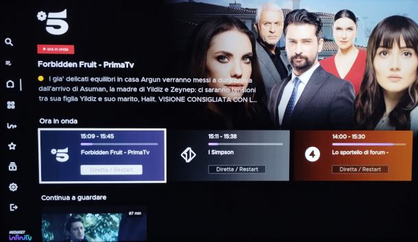 schermata canali TV su mediaset infinity
