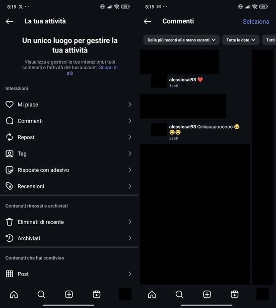 Vedere tutti miei commenti post Instagram Android