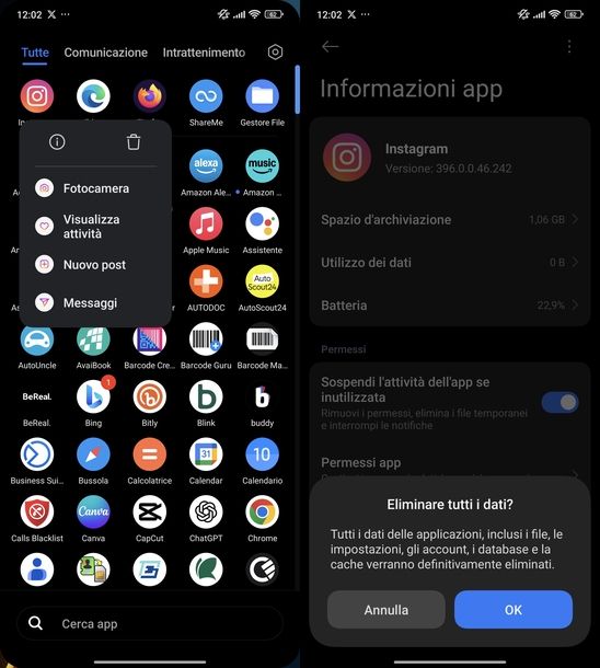 Cancellare dati app Instagram Android