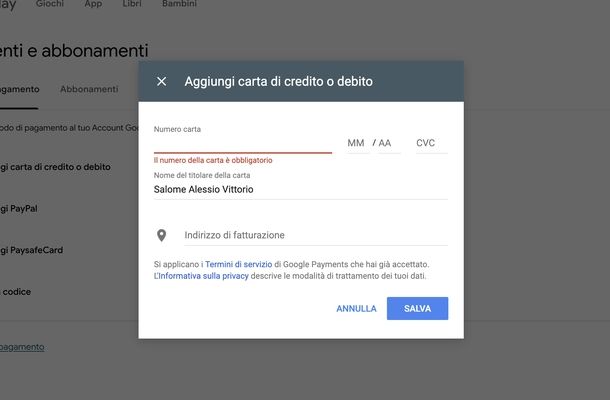 Aggiungere carta di credito Play Store Web