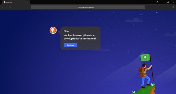 Schermata di benvenuto del browser DuckDuckGo su PC