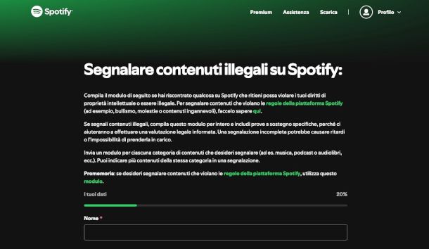 schermata modulo violazione Spotify