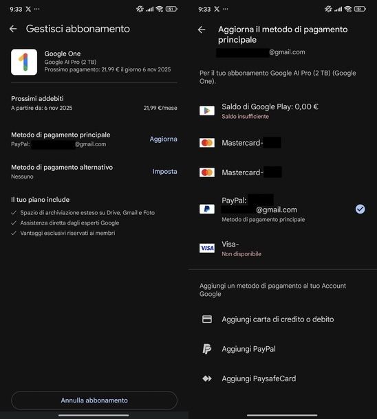 Modificare metodo di pagamento Centro pagamenti Google Android