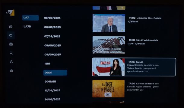 schermata app LA7 per Smart TV