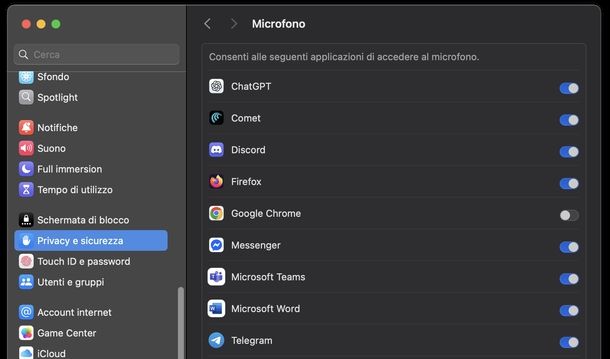 Disattivare microfono impostazioni macOS