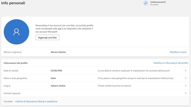 Cambiare nome account Microsoft Web