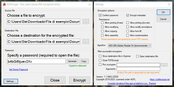 Interfaccia di PDFEncrypt