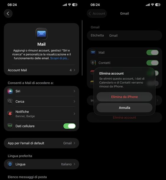 Cancellare account Gmail iOS