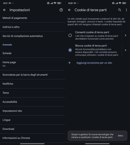 Bloccare cookie Google Chrome Android