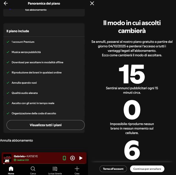 disattivazione Spotify Premium da app