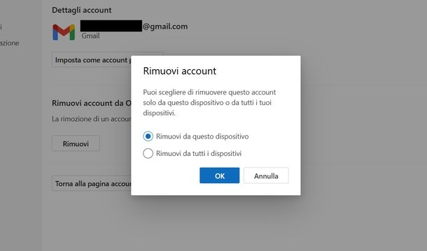 Cancellare account Gmail Outlook Windows