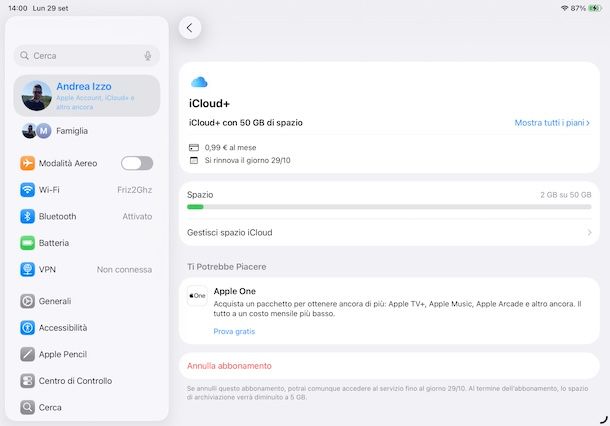 Togliere abbonamento iCloud da iPad
