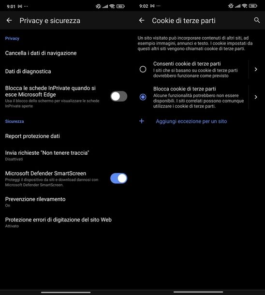 Bloccare cookie Microsoft Edge Android
