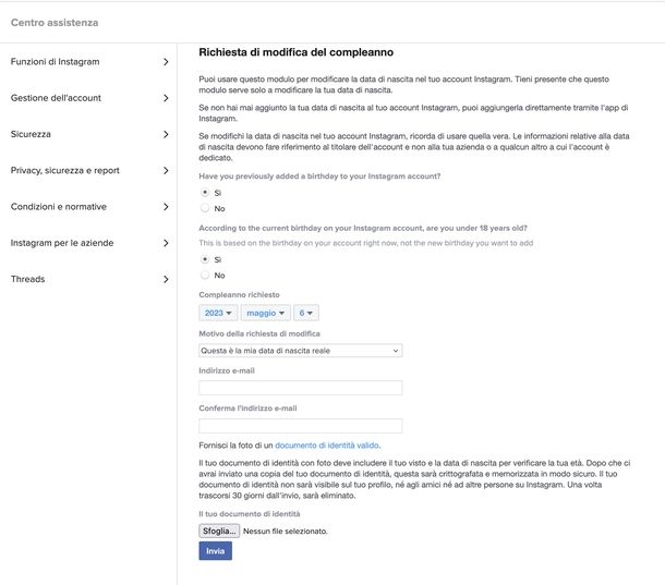 Modulo richiesta cambio data di nascita Instagram