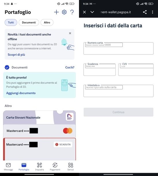 Inserire carta di credito debito app IO Android