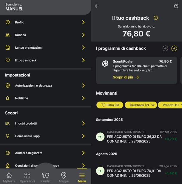 sezione cashback app Poste Italiane