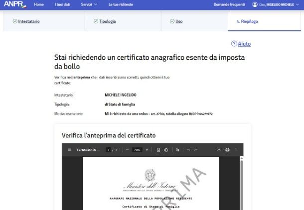 Anteprima Stato di famiglia