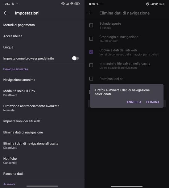 Eliminare dati navigazione Mozilla Firefox Android
