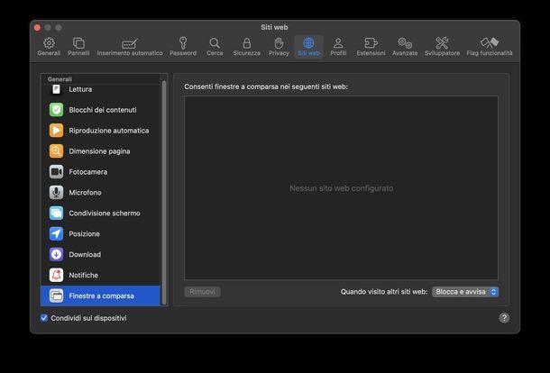 Eliminare popup Safari Mac