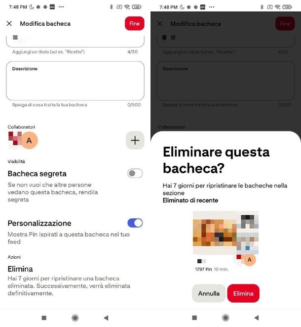 come eliminare una bacheca Pinterest da app