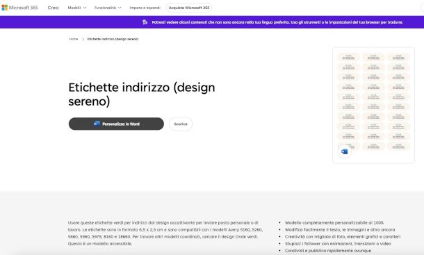modello etichette su Microsoft Create