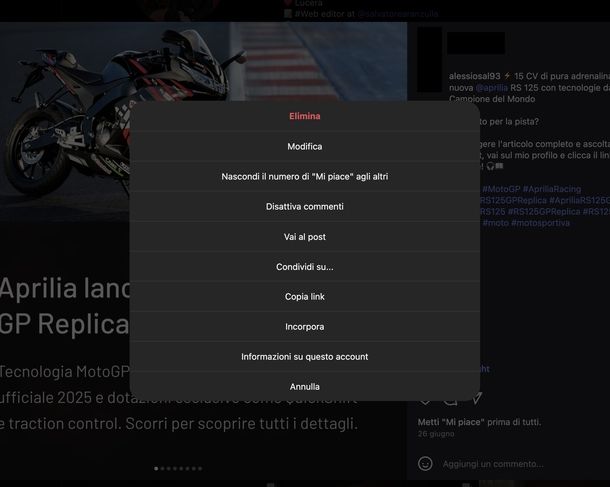 Nascondere miei commenti Instagram Web
